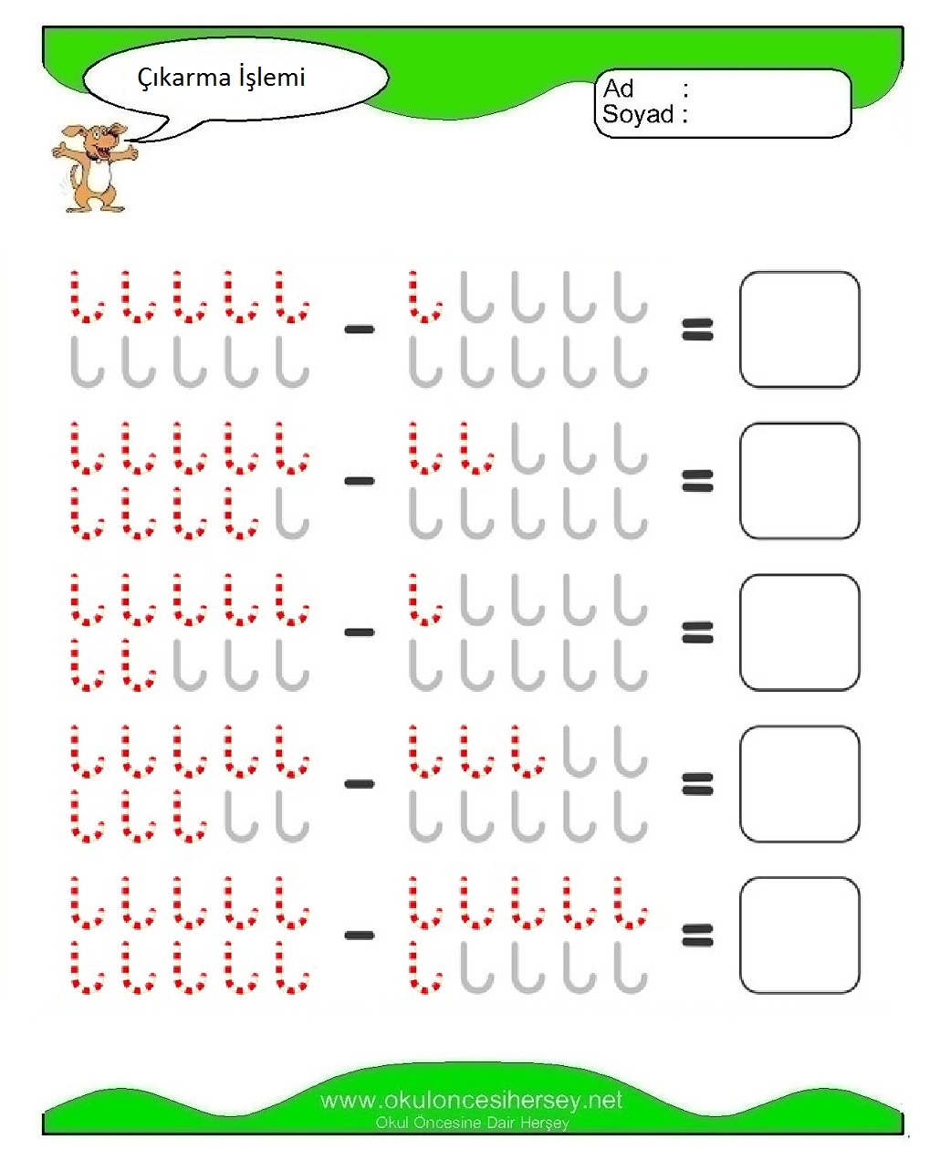 okul öncesi çocuklar için Çıkarma İşlemi çalışma sayfaları